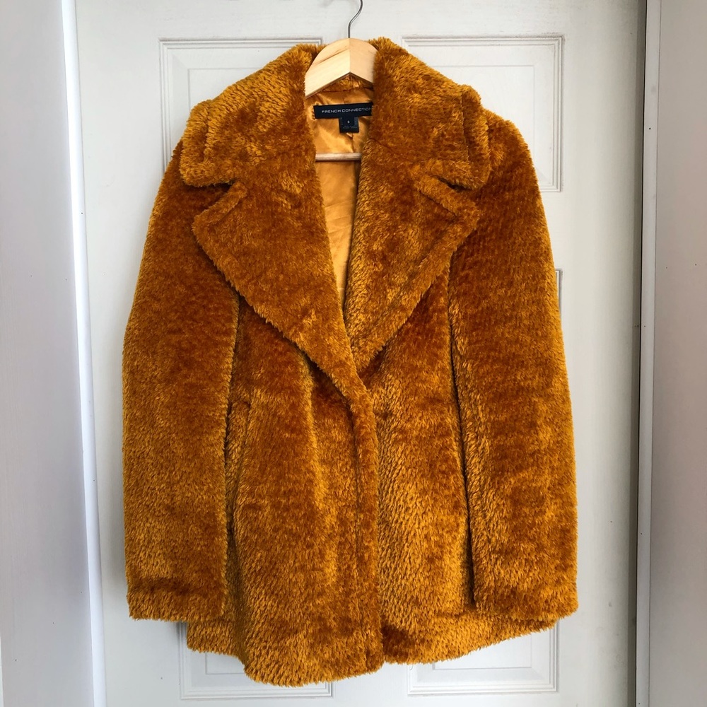 French connection faux fur jacket in yellow/gold